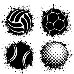 Set of four black grunge ink blots splash with sport balls symbols