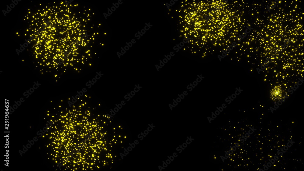 Poster computer generated abstract composition many flashes of golden salute on a black background. 3d rend