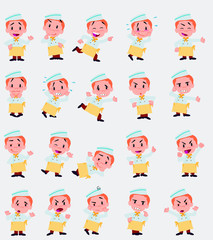 Cartoon character chef. Set with different postures, attitudes and poses, doing different activities in isolated vector illustrations.