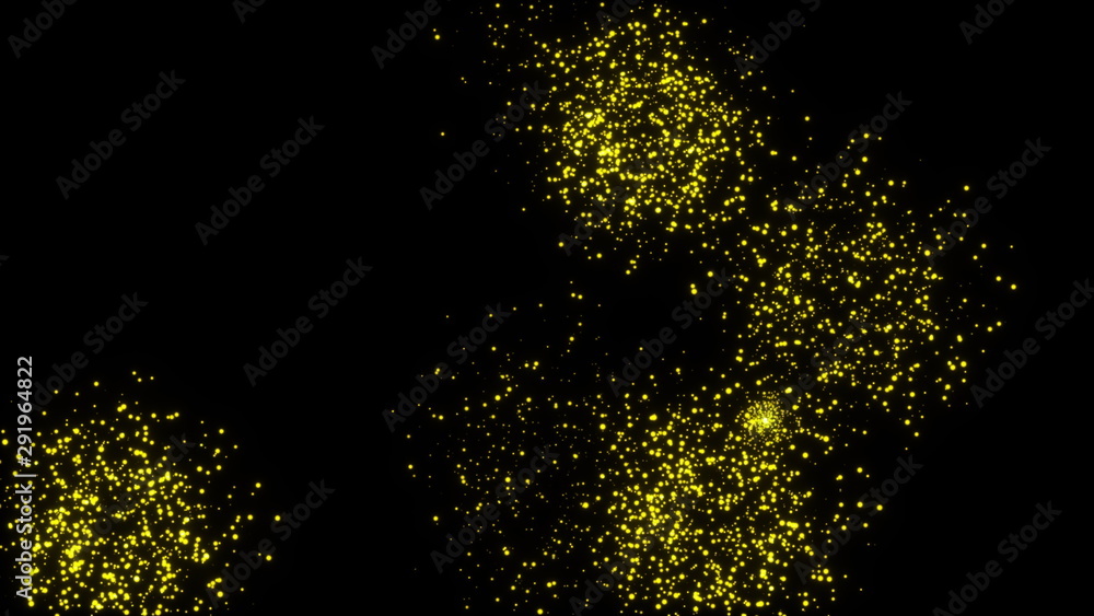 Poster computer generated abstract composition many flashes of golden salute on a black background. 3d rend