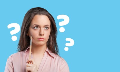 Question woman apron attractive beautiful beauty blue background