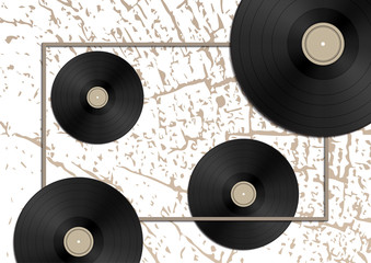 Music concept with vinyl discs on old wood background.
