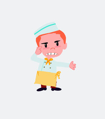 Chef, is angry and points his head with his index finger.