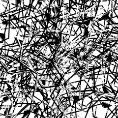 Black and white, monochrome abstract art with deformed, distorted random, scattered shapes. Distress, mix of random array of abstract shapes. Irregular glitch, noise chaotic texture, pattern