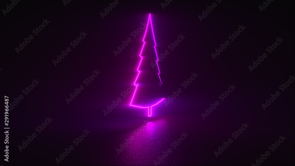 Poster 3d rendering, computer generated abstract black background with neon christmas tree. technology holi