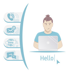 Icon us contacts. Man sitting at table with laptop