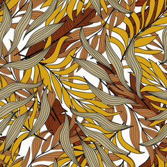 Summer seamless tropical pattern with orange and brown leaves and plants on white background. Seamless exotic pattern with tropical plants. Exotic wallpaper. Hawaiian style.