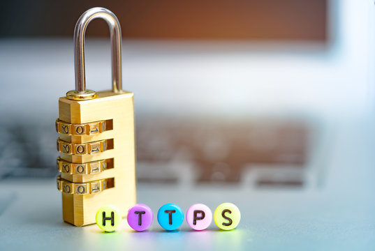 Word HTTPS on computer. Network security and data protection Cyber security concept.