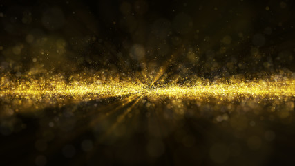 Glow golden dust particle glitter sparks abstract background for celebration with light beam and shine in center.Camera fly through.
