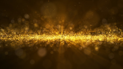 Glow golden dust particle glitter sparks abstract background for celebration with light beam and shine in center.Camera fly through.