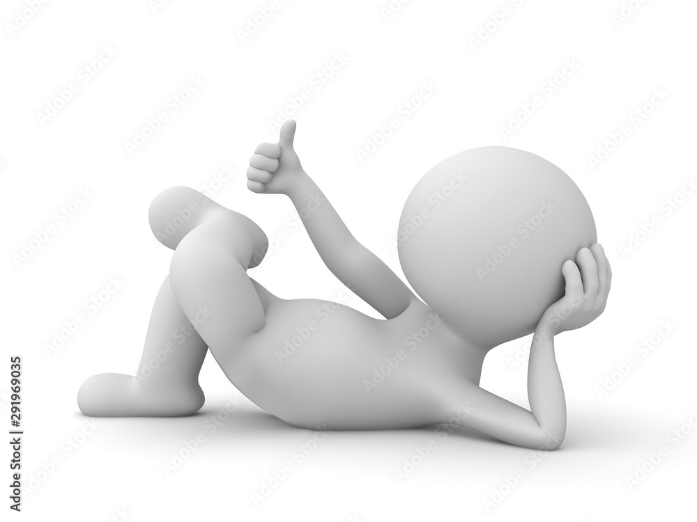 Fototapete 3d man lying down and showing thumbs up sign isolated over white background 3d rendering