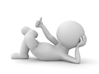 3d man lying down and showing thumbs up sign isolated over white background 3D rendering