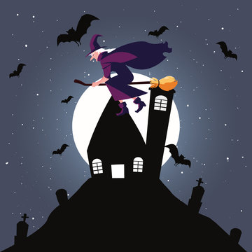 witch flying with broom in cemetery scene