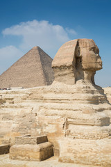 Close up of the great sphinx and the great pyramid in Giza, near Cairo, Egypt