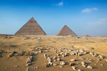 The Great pyramid and the pyramid of  Khafre at Giza Pyramid Complex, Giza Plateau, near Cairo,...