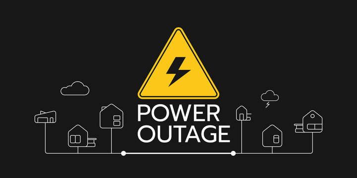 The power outage banner with a warning sign the one is on the solid black background also there are the outline icons of houses connect each other.