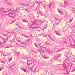 Seamless vintage pattern with watercolor. Vintage drawing - cakes, desserts, Piece, pink cake, biscuit, cream,strawberry cake, donut, puff, sweetness. Done in hand-made graphics with watercolors. 