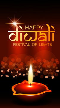 Happy Diwali festival of lights instagram stories template creative vector bokeh background with diya oil lamps
