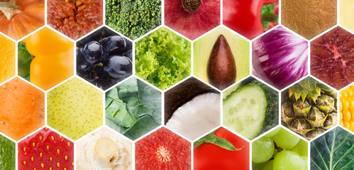 Collage of fresh fruits and vegetables in frames on background