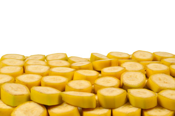 Fresh banana slices background. Top view.