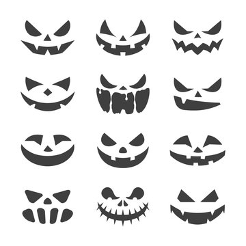 vector black pumpkin face halloween icons set