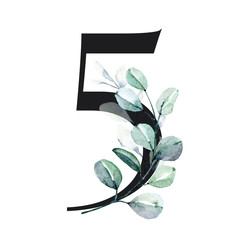 Number 5 with watercolor leaves eucalyptus. Perfectly for wedding invitation, greeting card, logo, poster and other floral design. Hand painting. Isolated on white background. 