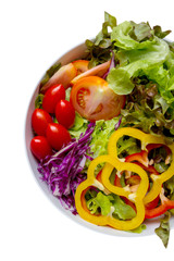 Top view vegetable salad bowl on white background.