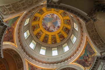 The beautiful interior of the hemispherical Dôme des Invalides in Paris, painted by Charles de La Fosse with a Baroque illusion of space (sotto in su) over the tomb of Napoleon Bonaparte.