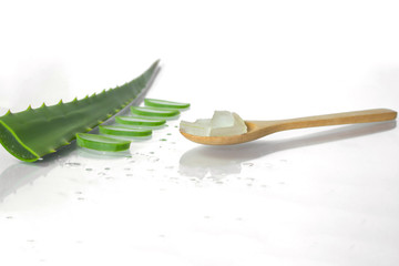 Aloe vera fresh leaves with slices and gel on wooden spoon on white background.