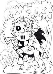 cartoon angry maniac, coloring book, funny illustration