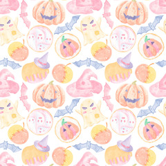 Watercolor cute seamless Halloween pattern with pumpkin, ghost, bat, candy, cookie on white background. Bright cartoon pattern for Halloween