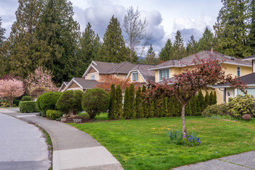 A perfect neighbourhood. Houses in suburb at Summer in the north America. Luxury houses with nice landscape.