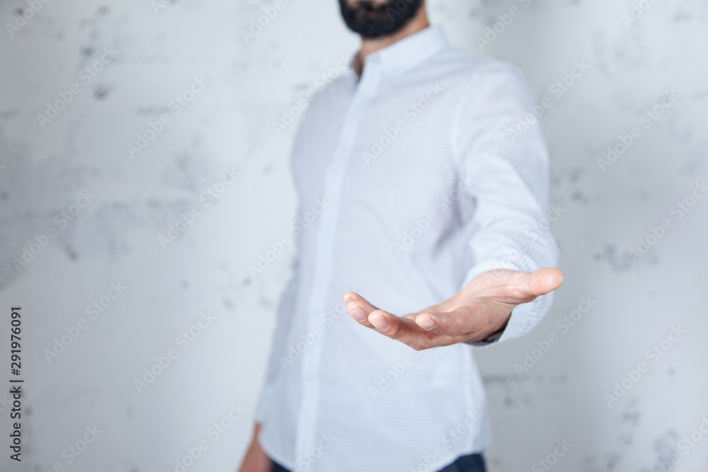 Poster man empty palm on white abstrat background