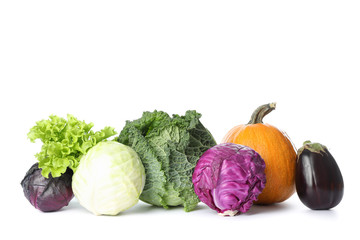 Cabbage, salad, pumpkin and eggplant isolated on white background