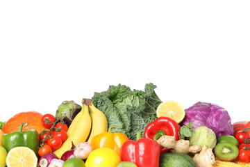 Composition with fresh vegetables and fruits isolated on white background