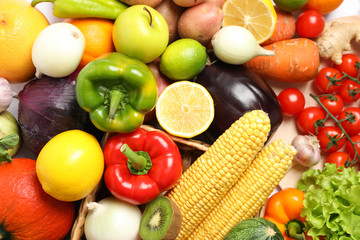 Vegetables and fruits texture on whole background, close up