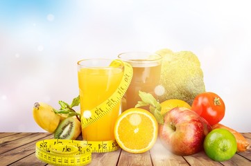 Diet and nutrition. Fresh fruits, vegetables and juice