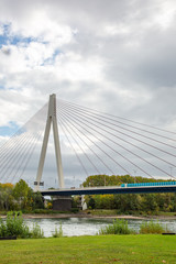 the bridge across the river rhine close to the city of Neuwied with concrete pylon and steel cables
