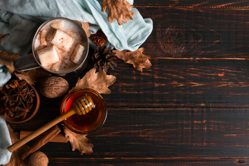 Obraz premium Iron mug with cocoa, honey, marshmallows, spices, on a background of a scarf, dry leaves on a wooden table. Autumn mood, a warming drink. Copy space.