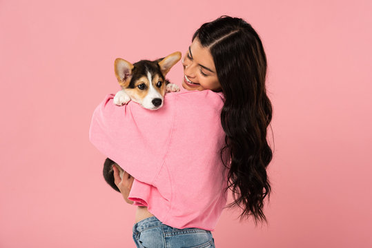 smiling woman holding cute Corgi puppy, isolated on pink