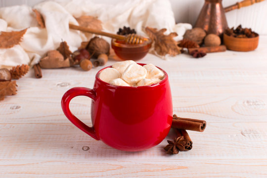 Red mug with cocoa and marshmallows, on a background of a scarf and dry leaves. Autumn mood, a warming drink.