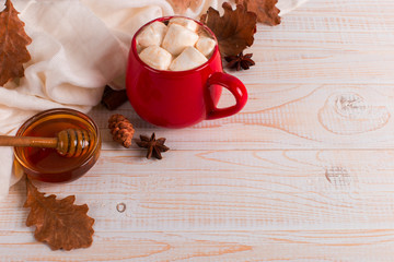 Red mug with cocoa and marshmallows, on a background of a scarf and dry leaves. Autumn mood, a warming drink.