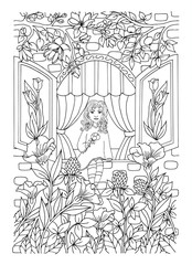 Obraz premium Illustration zentangl. Girl sits on a window sill at home among the flowers. Coloring book. Antistress for adults and children. 
