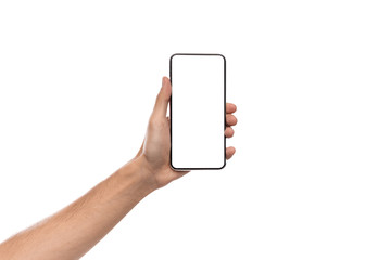 Man's hand holding cellphone with big blank screen