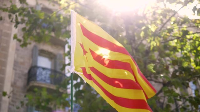 Demonstrators bearing catalan flags during protests for independence in Barcelona, Catalonia, Spain