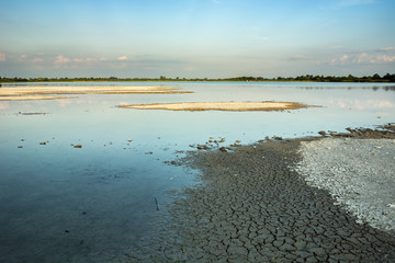 Dry shore lake, islands on the water and sky