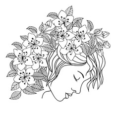  Illustration zentangle. Girl with closed eyes in the colors. Coloring book. Antistress for adults and children. Work done in manual mode. Black and white.