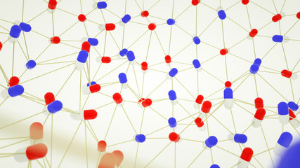 Medical abstract background. red-white and blue capsule-shaped tablets connected by tra