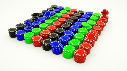 Multi-colored stacks of casino chips on a white background. 3d rendering illustration