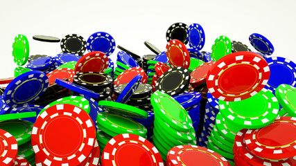 Multi-colored stacks of casino chips on a white background. 3d rendering illustration